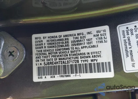 2010 Honda Cr-V Ex-L from USA, damaged, VIN 5J6RE4H72AL071728